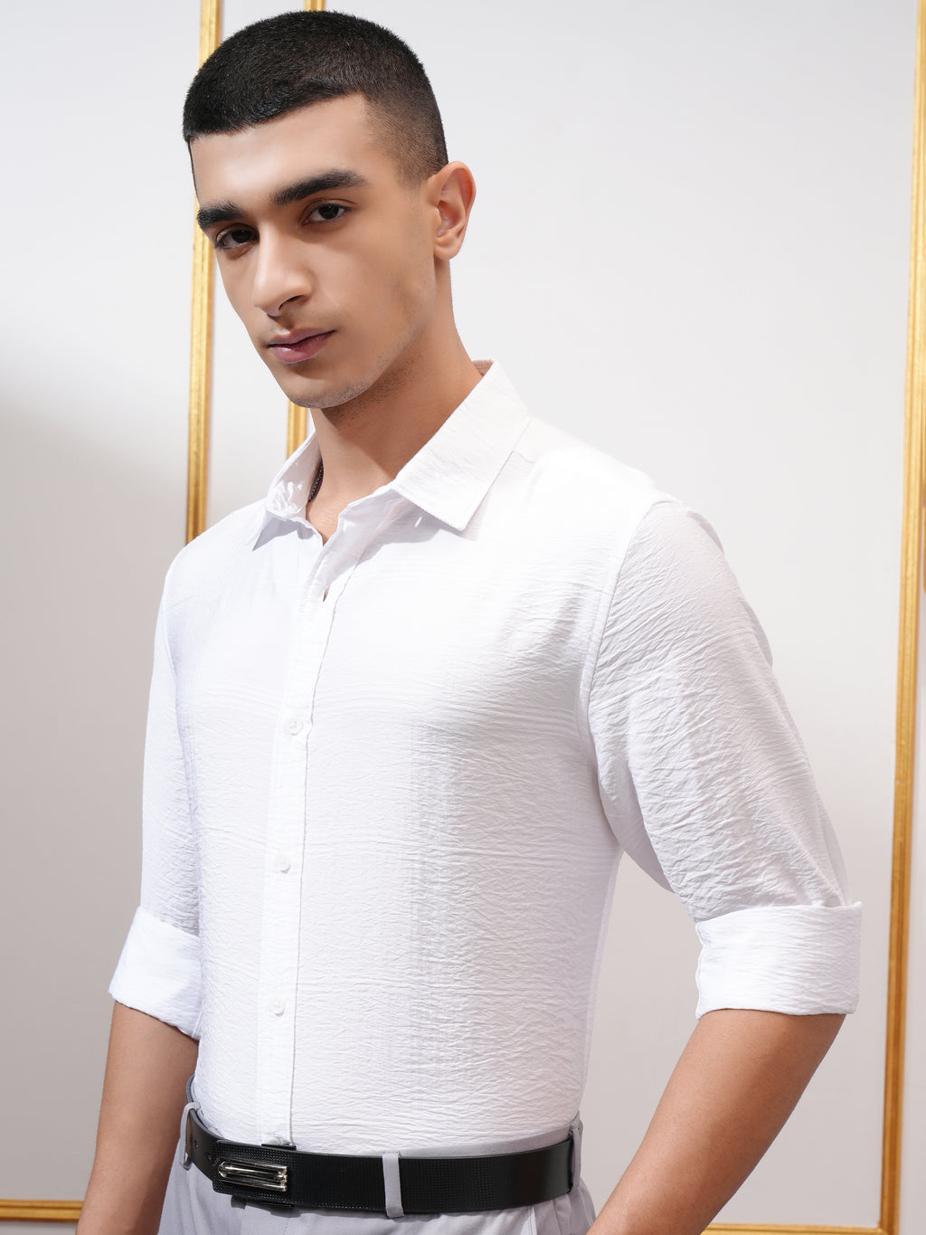 Highlander Men White Self Design Slim Fit Casual Shirt - White - Image 4