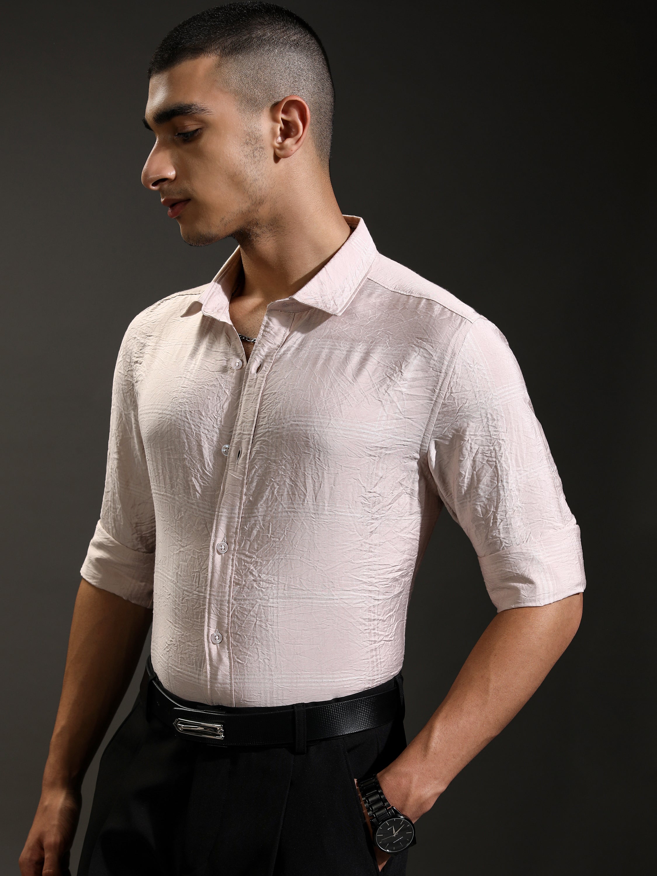 Highlander Men Pink Self Design Slim Fit Casual Shirt - Pink - Image 4