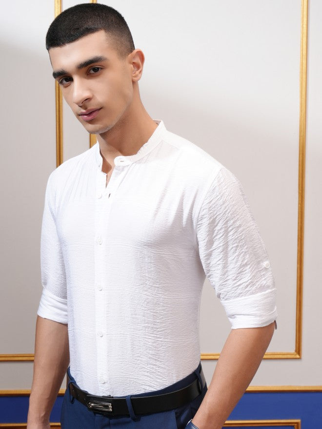 Highlander Men White Textured Regular Fit Casual Shirt - White - Image 4