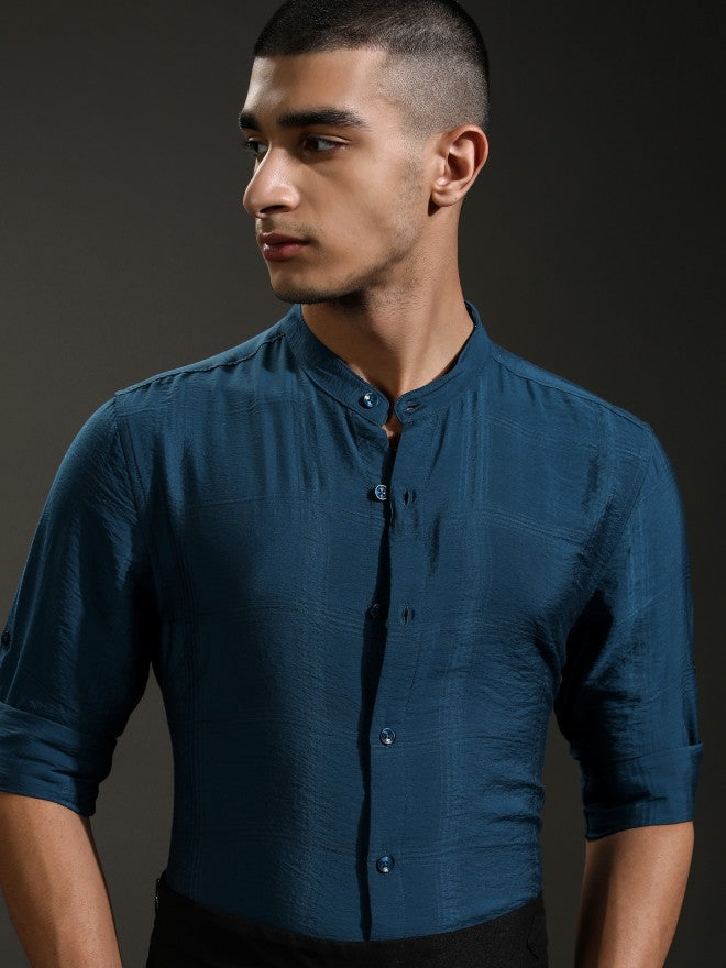 Highlander Men Teal Textured Regular Fit Casual Shirt - Teal - Image 1