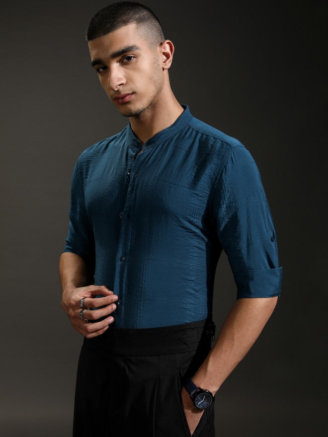 Highlander Men Teal Textured Regular Fit Casual Shirt - Teal - Image 4