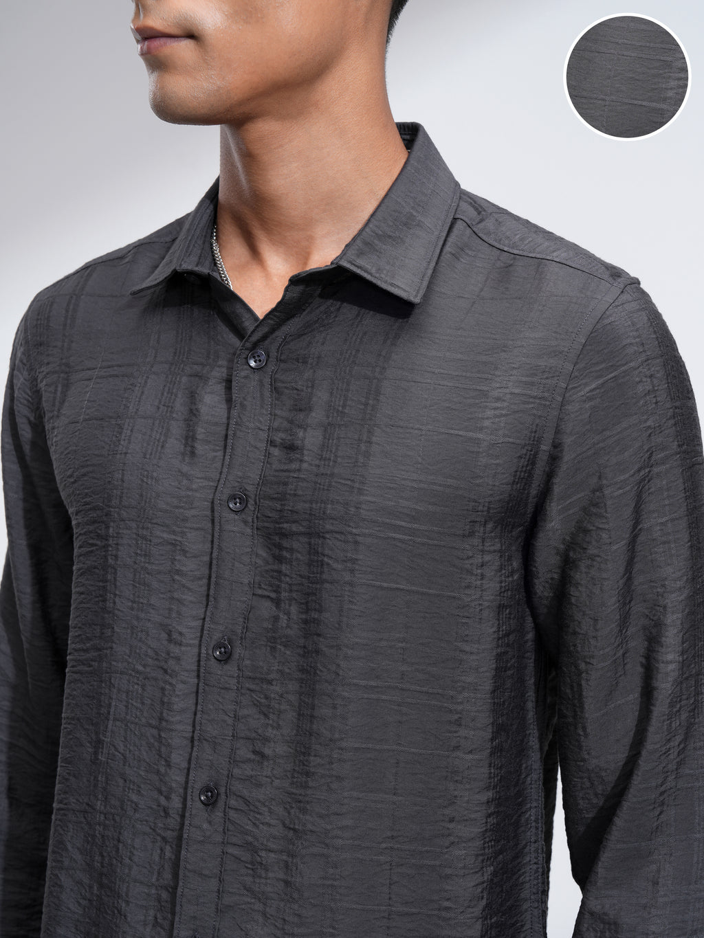 Highlander Men Grey Textured Slim Fit Casual Shirt - Charcoal - Image 5