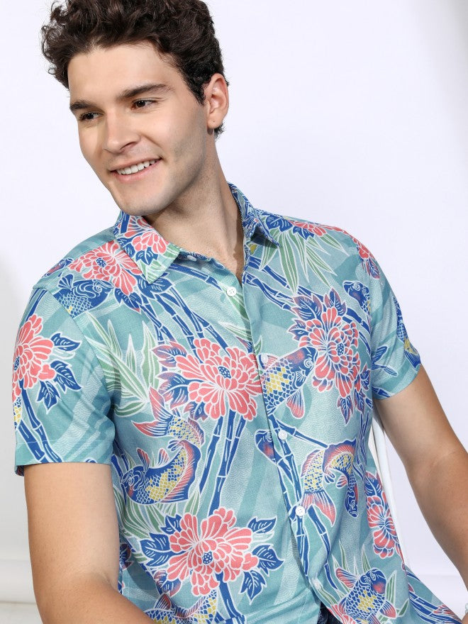 Highlander Men Teal Printed Regular Fit Casual Shirt - Teal - Image 1
