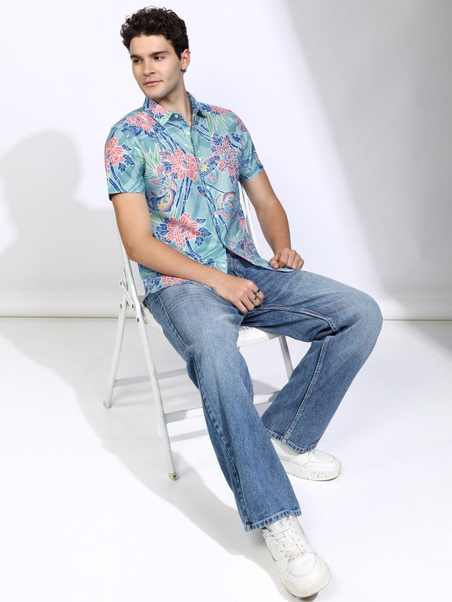 Highlander Men Teal Printed Regular Fit Casual Shirt - Teal - Image 2