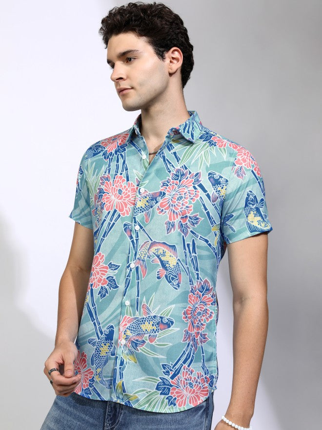 Highlander Men Teal Printed Regular Fit Casual Shirt - Teal - Image 4