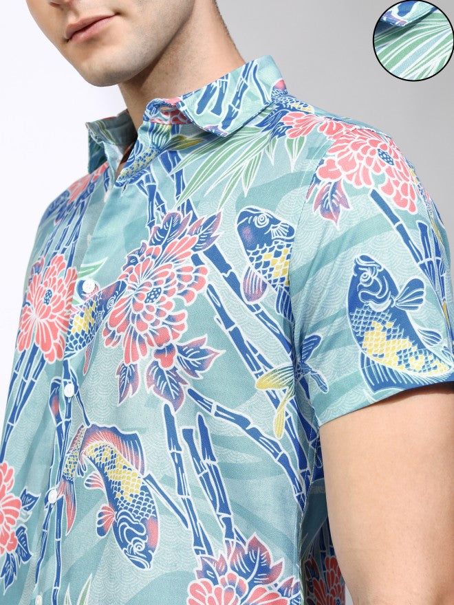 Highlander Men Teal Printed Regular Fit Casual Shirt - Teal - Image 5