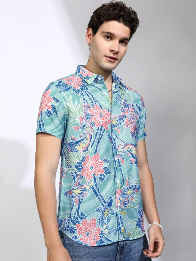Highlander Men Teal Printed Regular Fit Casual Shirt - Teal - Image 6