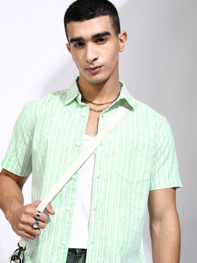Highlander Men Green Striped Regular Fit Casual Shirt - Green - Image 1