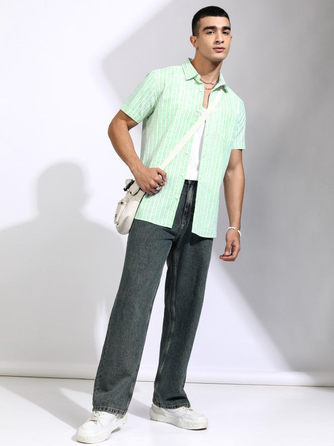 Highlander Men Green Striped Regular Fit Casual Shirt - Green - Image 2