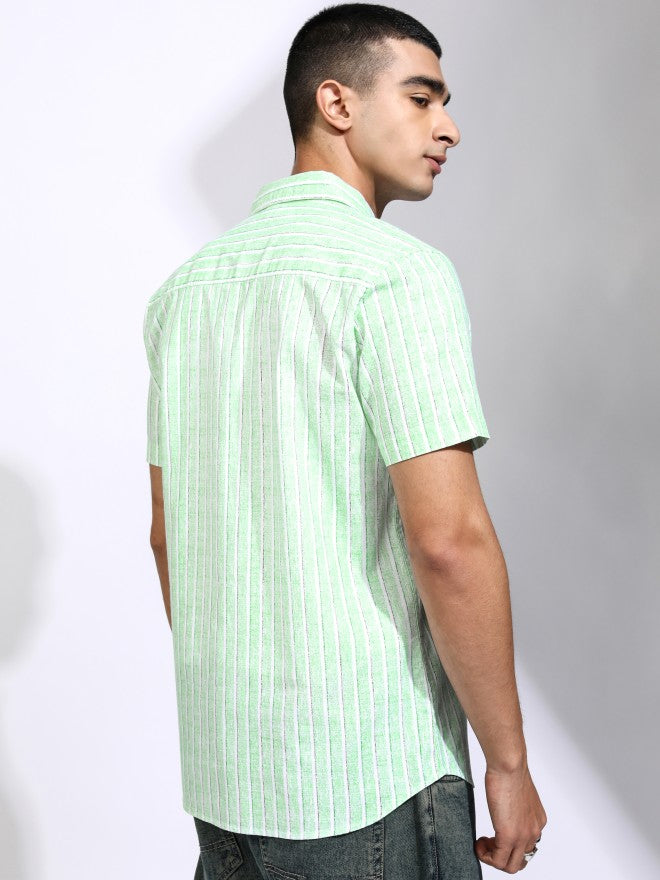 Highlander Men Green Striped Regular Fit Casual Shirt - Green - Image 3