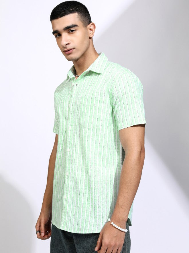 Highlander Men Green Striped Regular Fit Casual Shirt - Green - Image 4