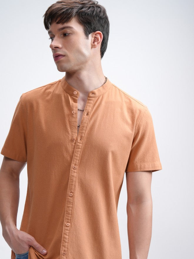 Highlander Men Orange Textured Regular Fit Casual Shirt - Orange - Image 1