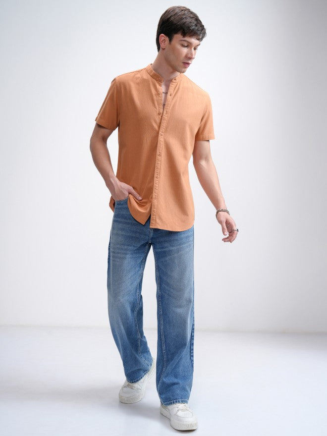 Highlander Men Orange Textured Regular Fit Casual Shirt - Orange - Image 2