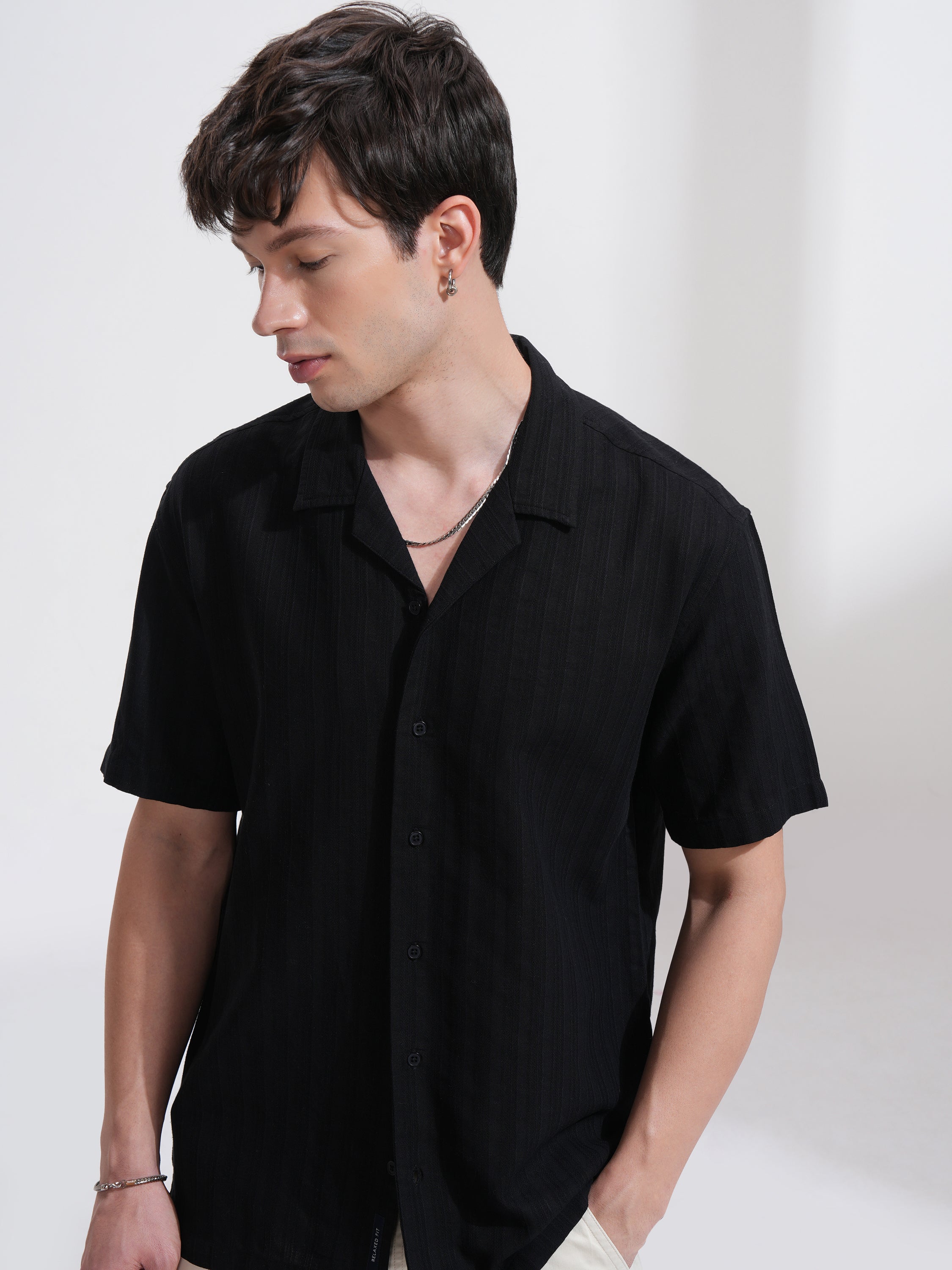 Highlander Men Black Self Design Relaxed Fit Casual Shirt - Black - Image 1
