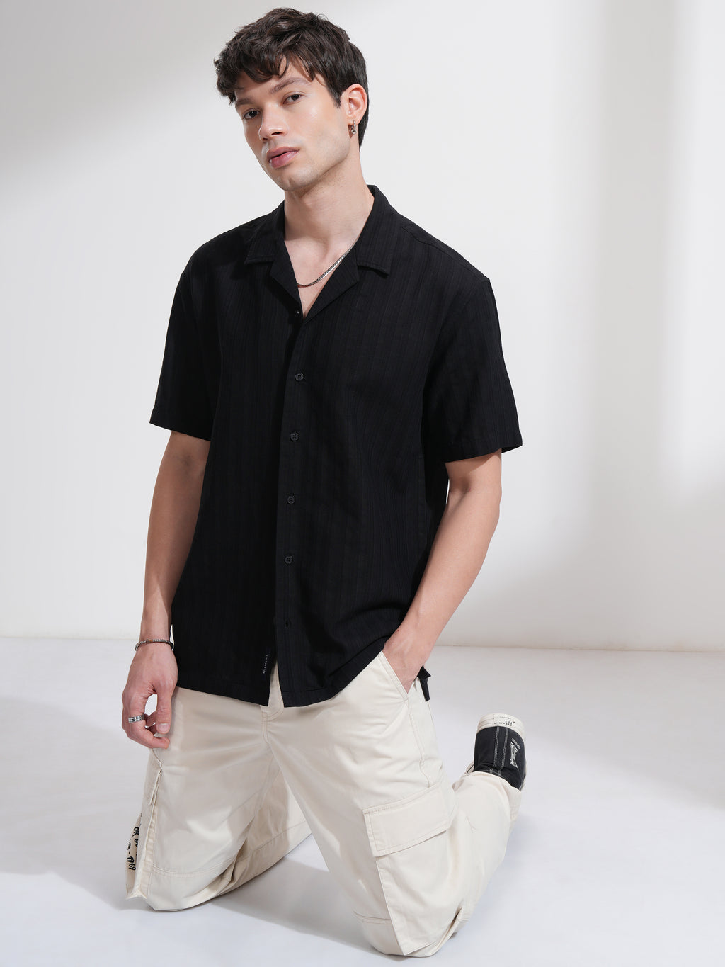Highlander Men Black Self Design Relaxed Fit Casual Shirt - Black - Image 2