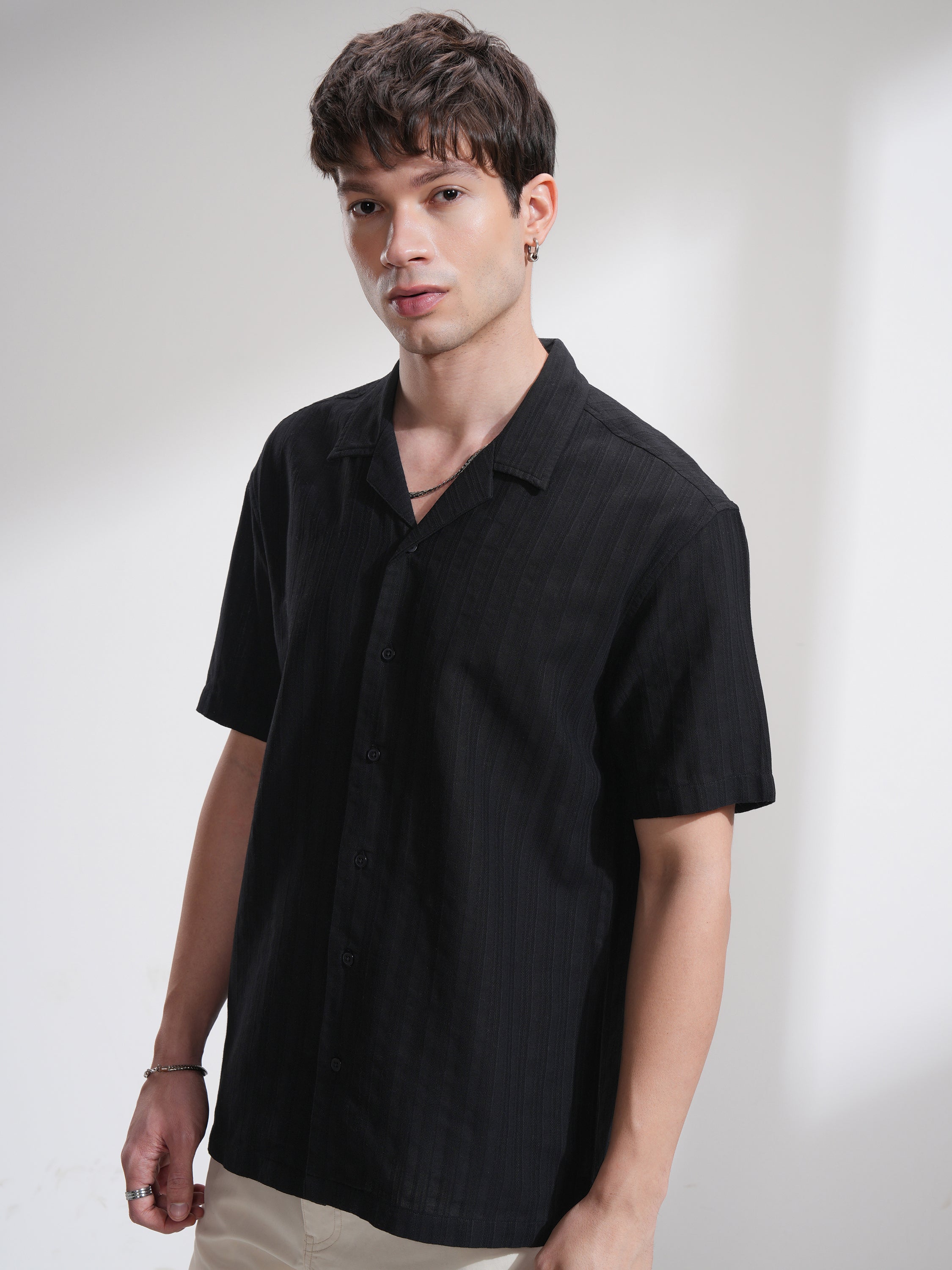 Highlander Men Black Self Design Relaxed Fit Casual Shirt - Black - Image 4