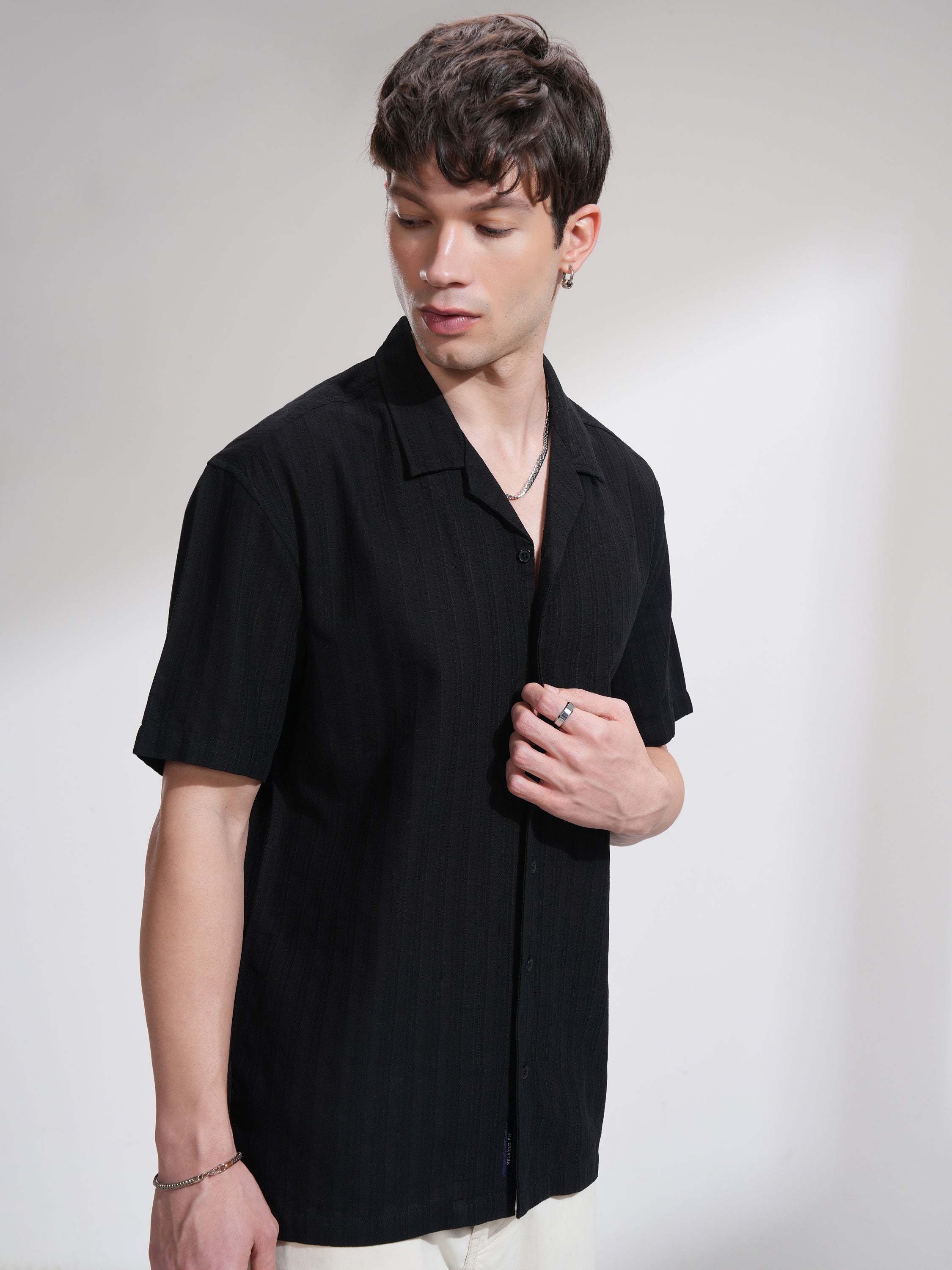 Highlander Men Black Self Design Relaxed Fit Casual Shirt - Black - Image 6