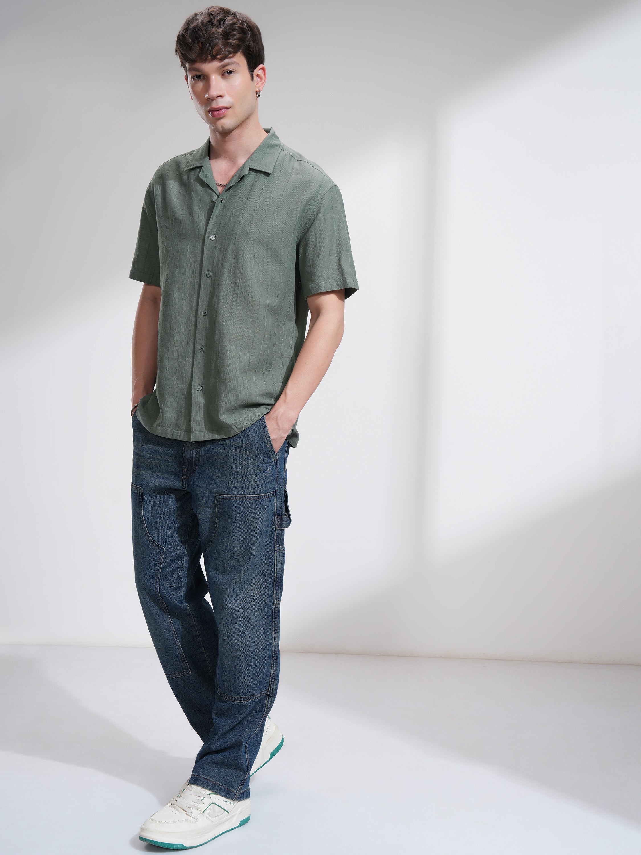 Highlander Men Green Self Design Relaxed Fit Casual Shirt - Green - Image 2