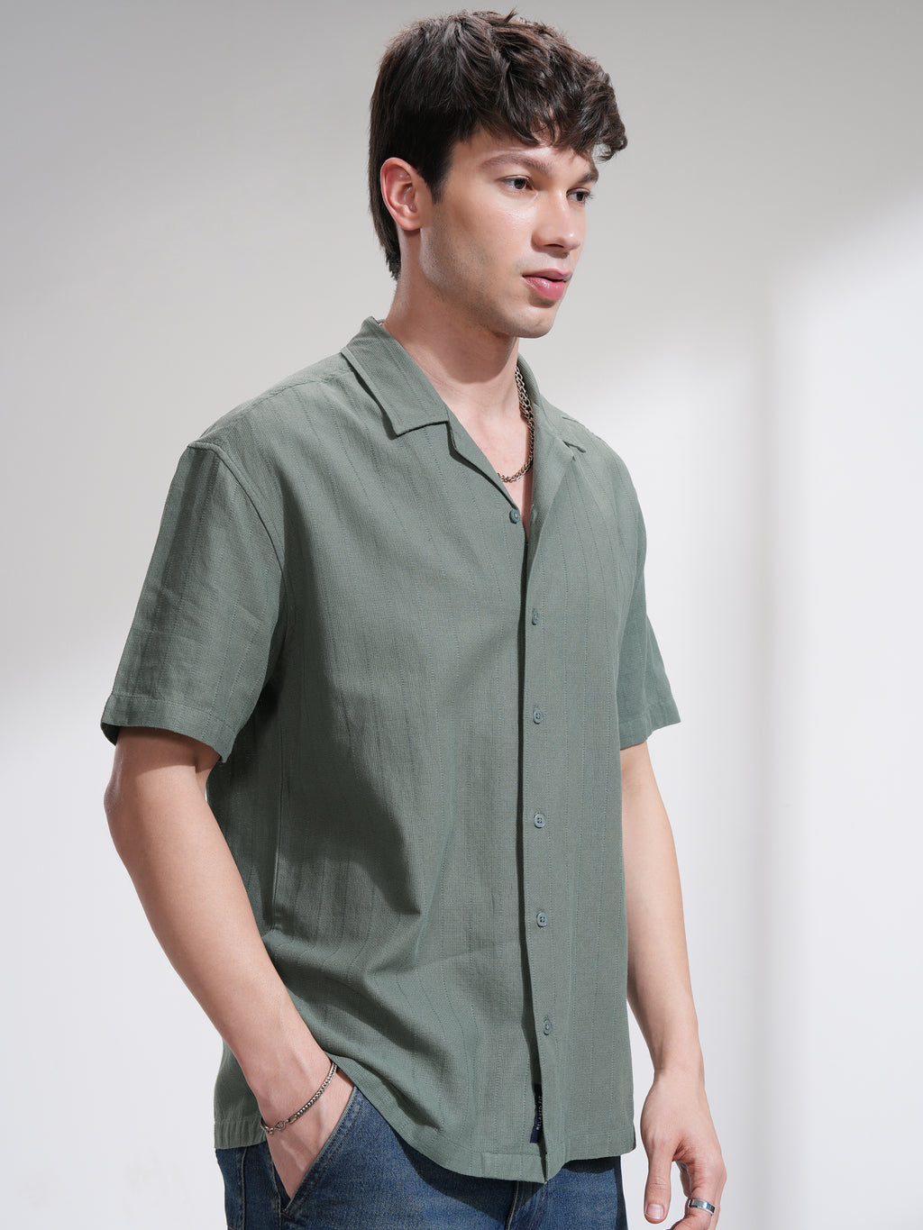 Highlander Men Green Self Design Relaxed Fit Casual Shirt - Green - Image 6