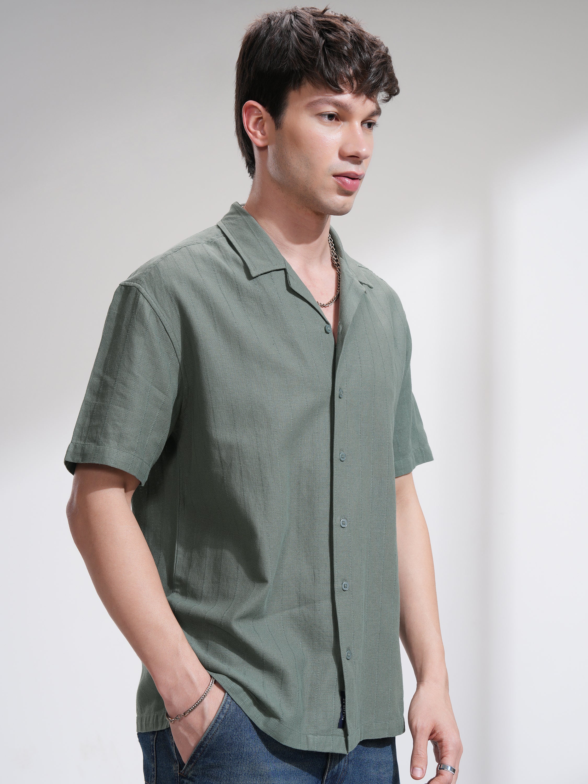 Highlander Men Green Self Design Relaxed Fit Casual Shirt - Green - Image 6