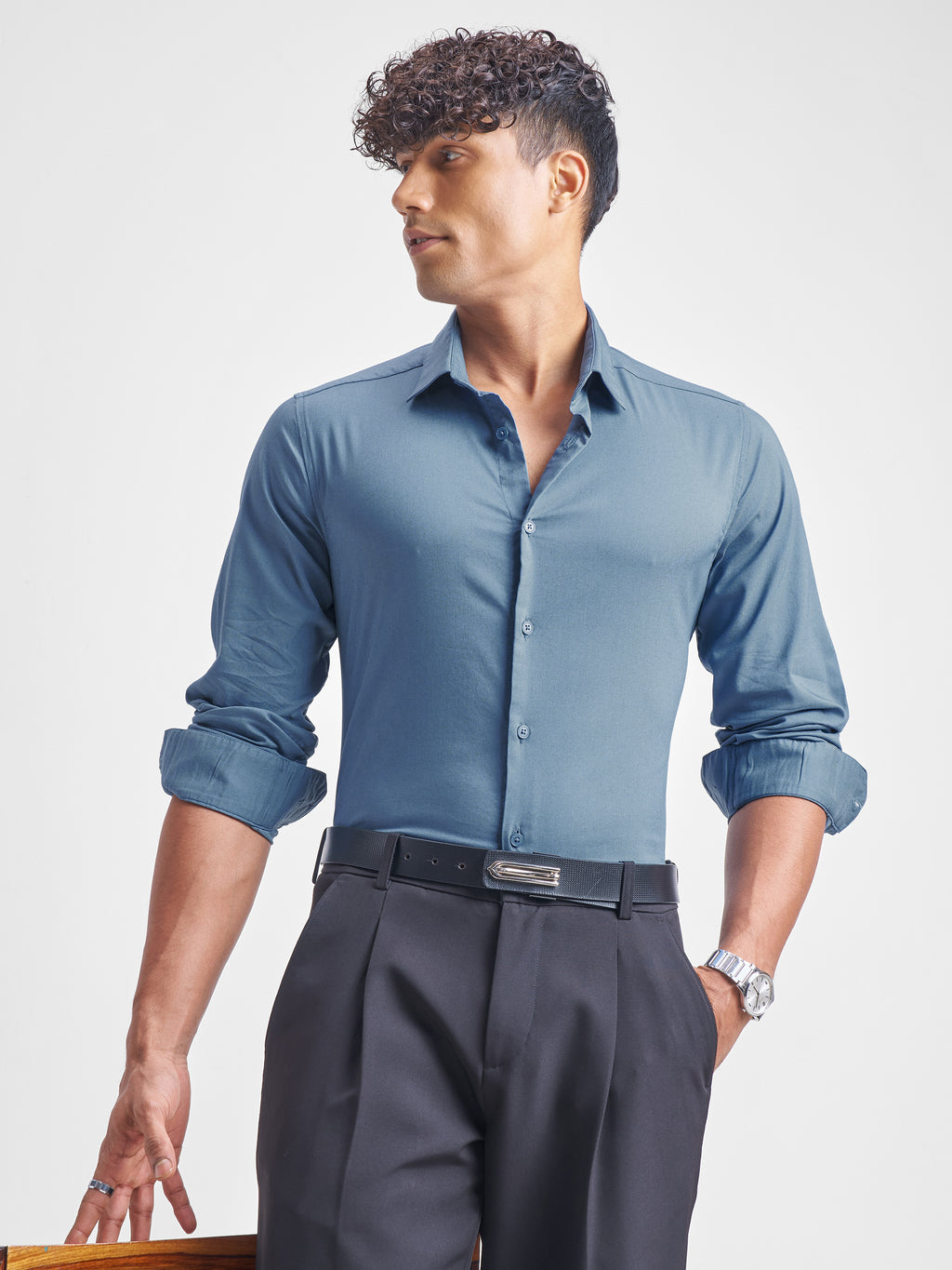 Highlander Men Blue Solid Slim Fit Casual Shirt - Blue - Image 1