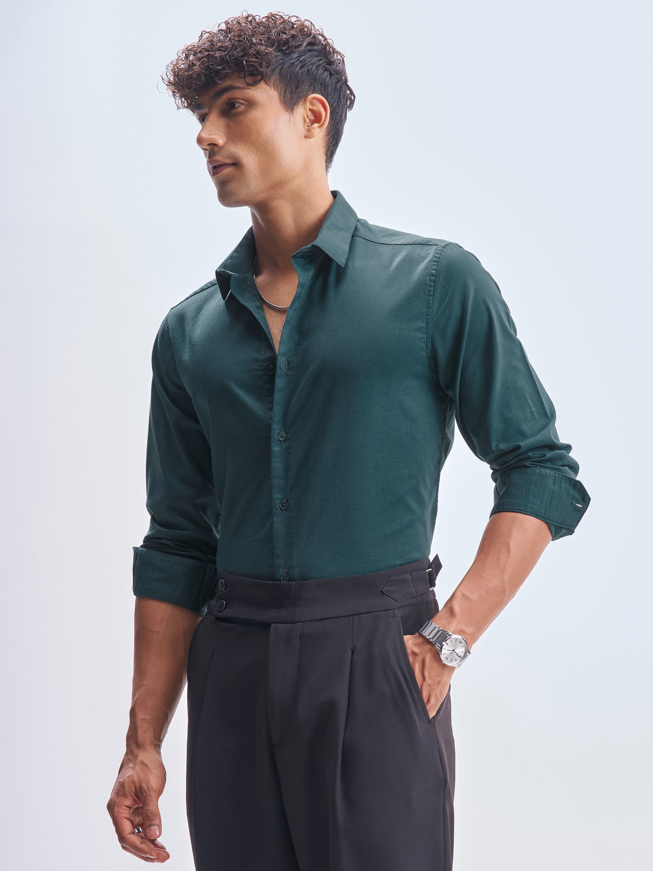 Highlander Men Teal Solid Slim Fit Casual Shirt - Teal - Image 4
