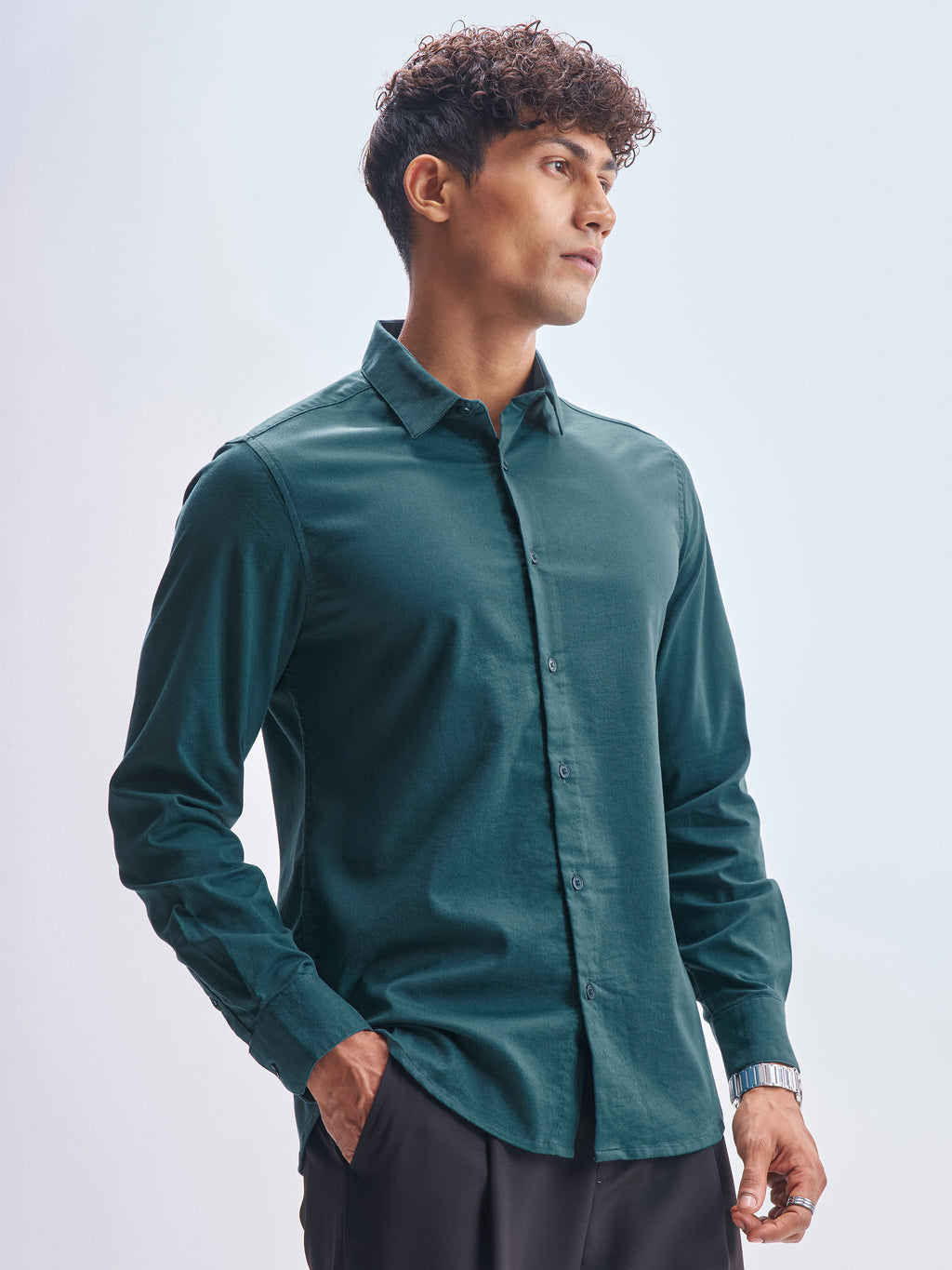 Highlander Men Teal Solid Slim Fit Casual Shirt - Teal - Image 6