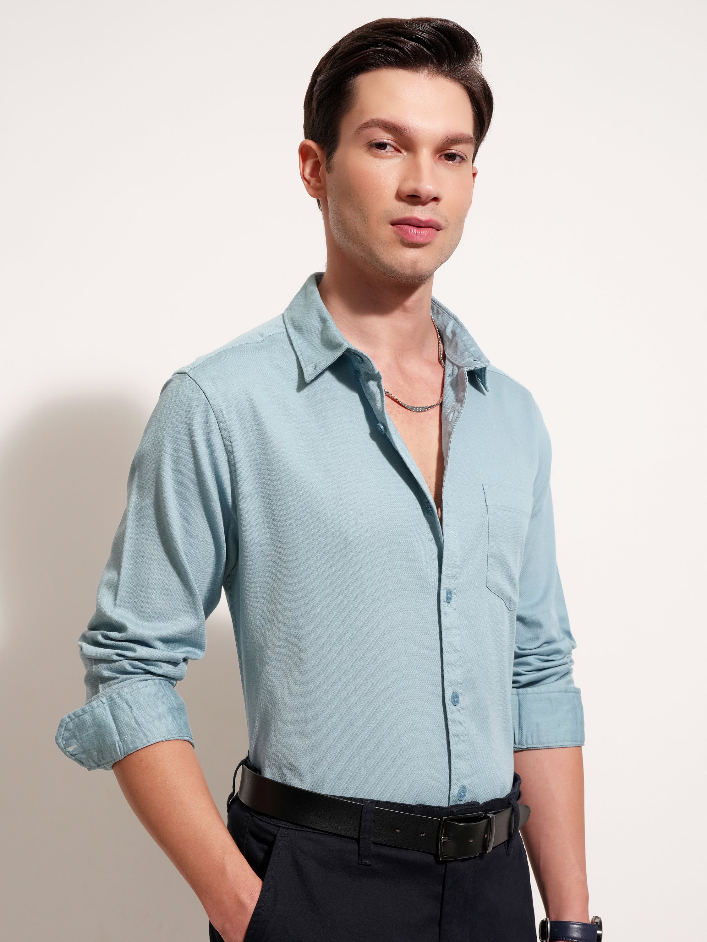 Highlander Men Blue Solid Regular Fit Casual Shirt - Blue - Image 6