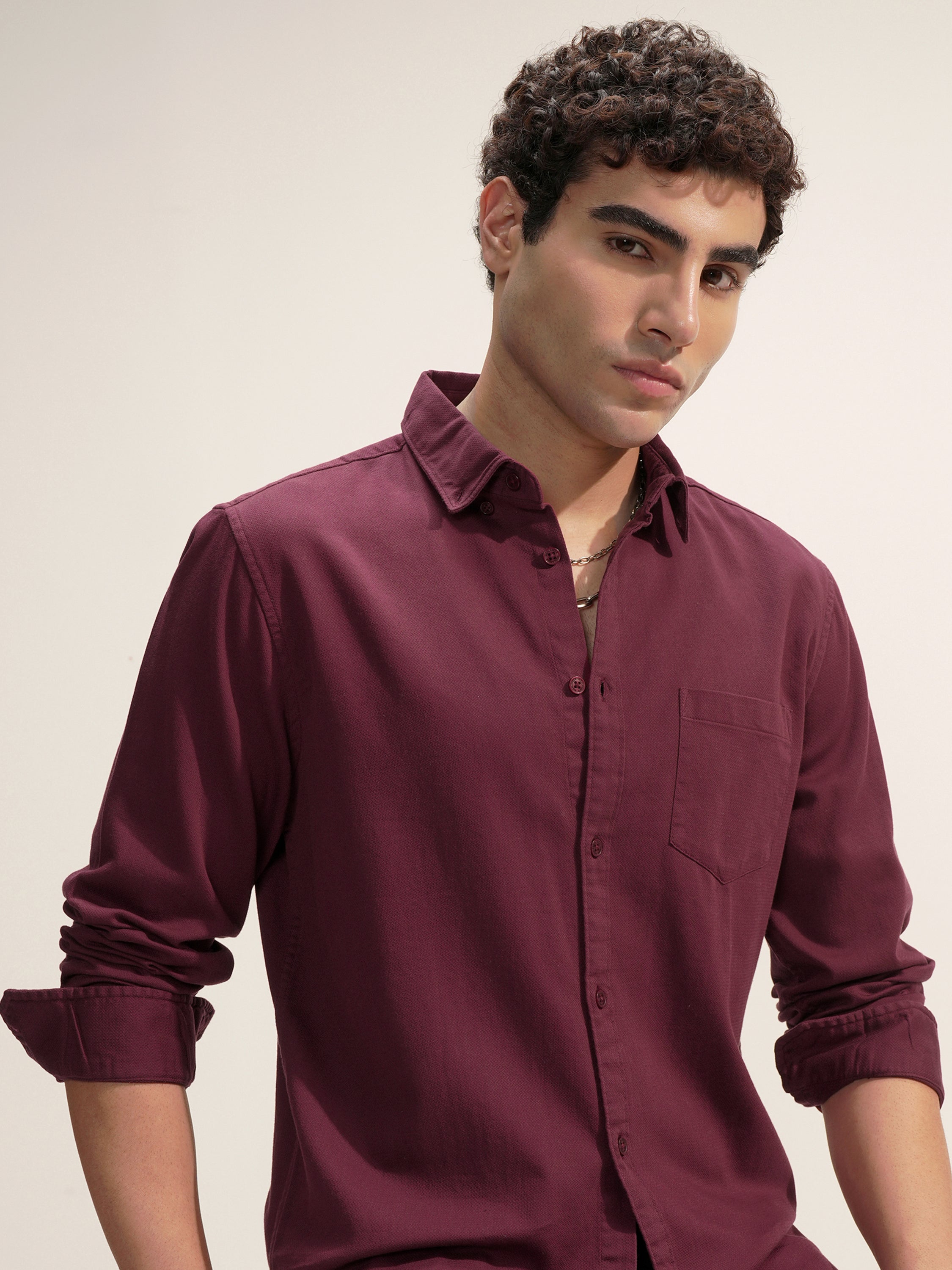Highlander Men Maroon Self Design Regular Fit Casual Shirt - Maroon - Image 1