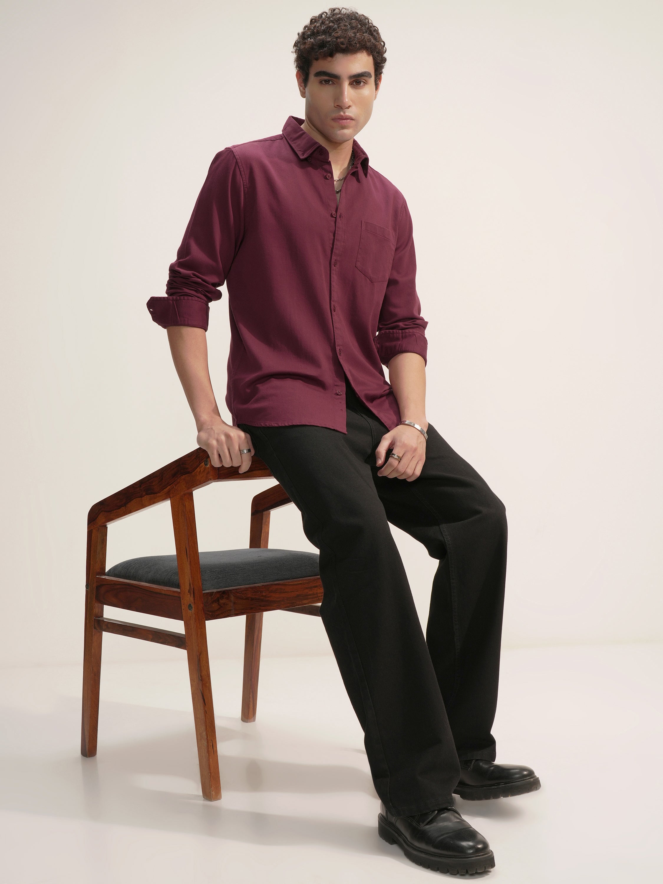 Highlander Men Maroon Self Design Regular Fit Casual Shirt - Maroon - Image 2