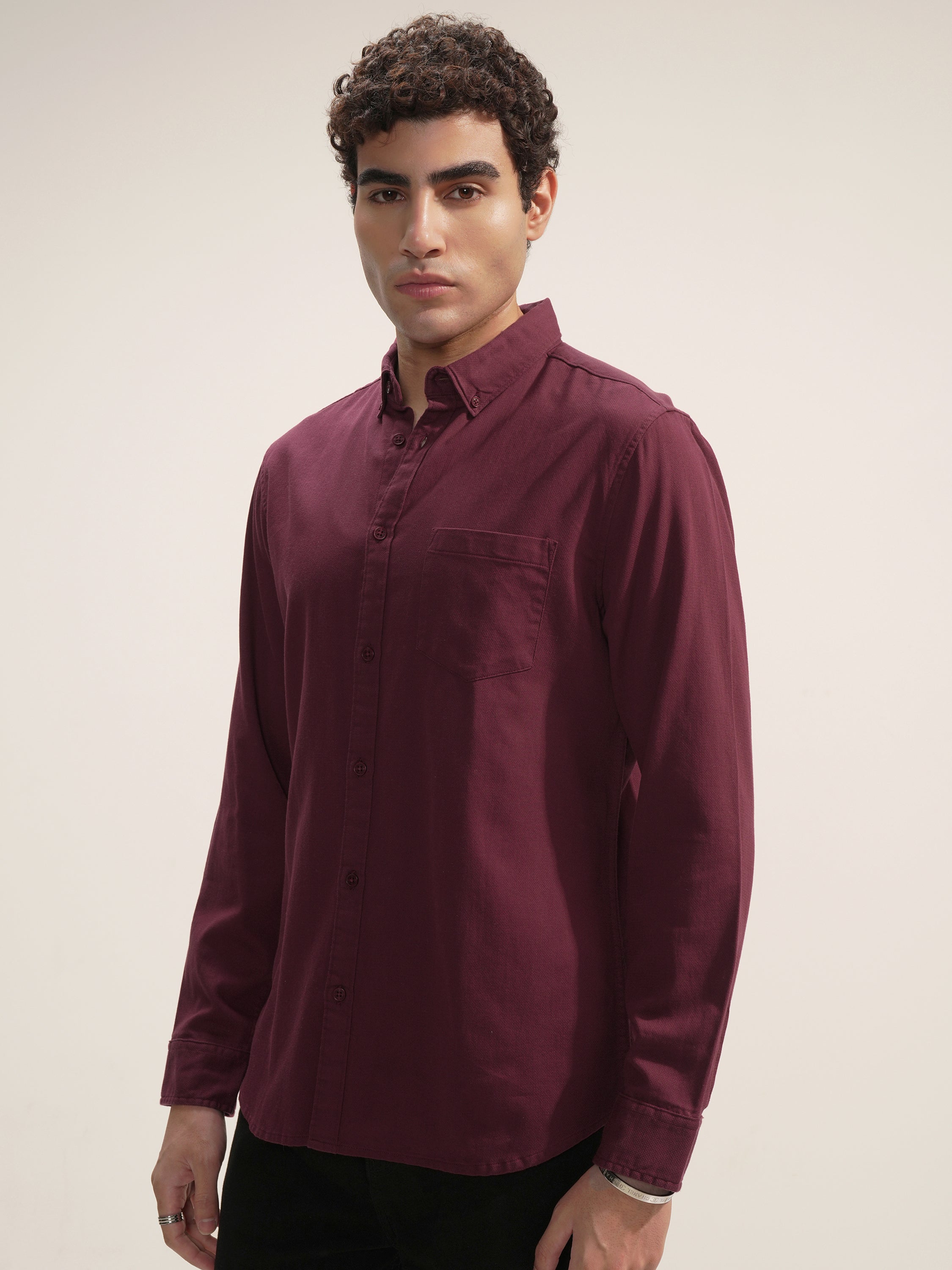 Highlander Men Maroon Self Design Regular Fit Casual Shirt - Maroon - Image 4