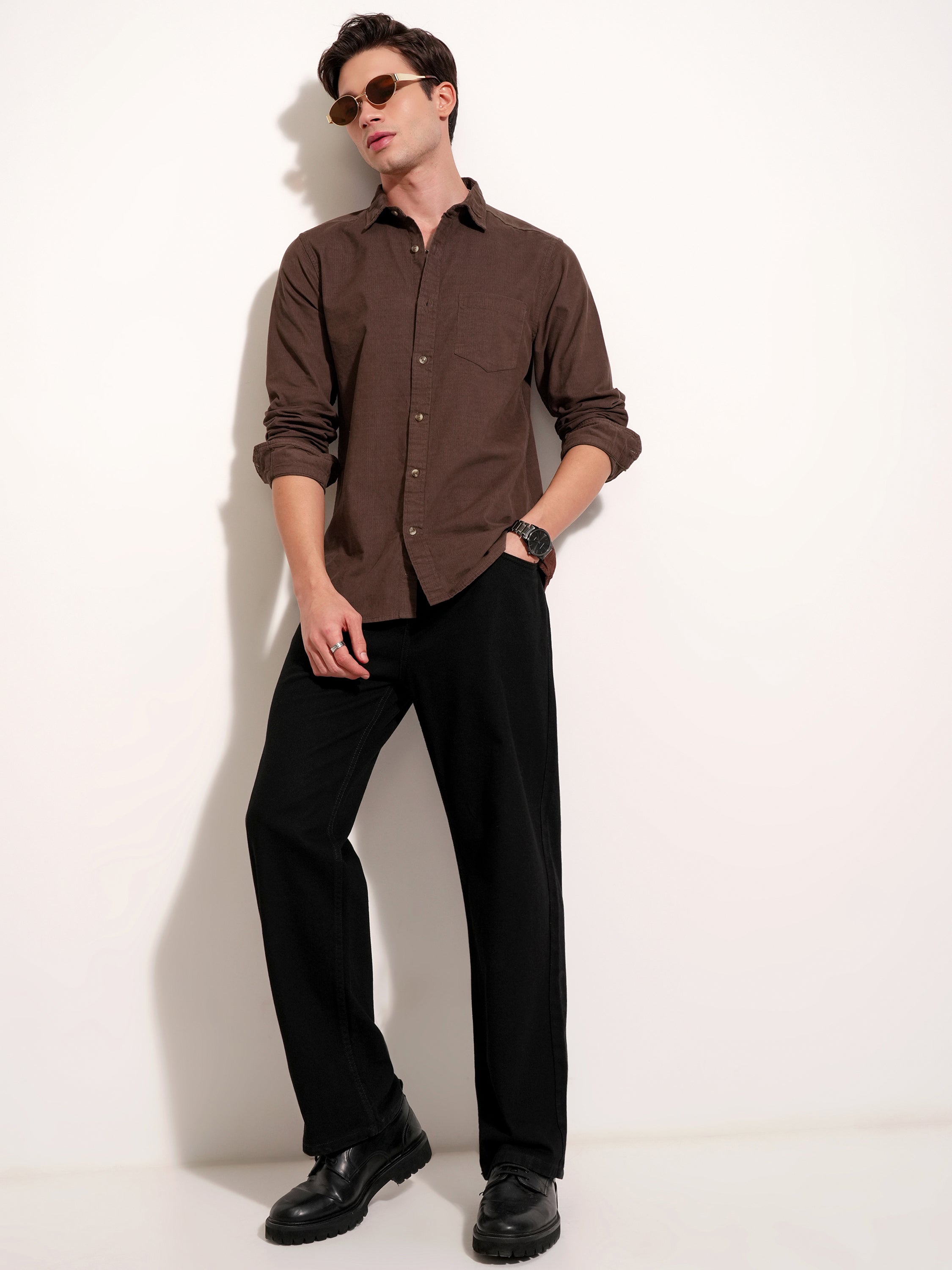 Highlander Men Brown Self Design Regular Fit Casual Shirt - Brown - Image 2