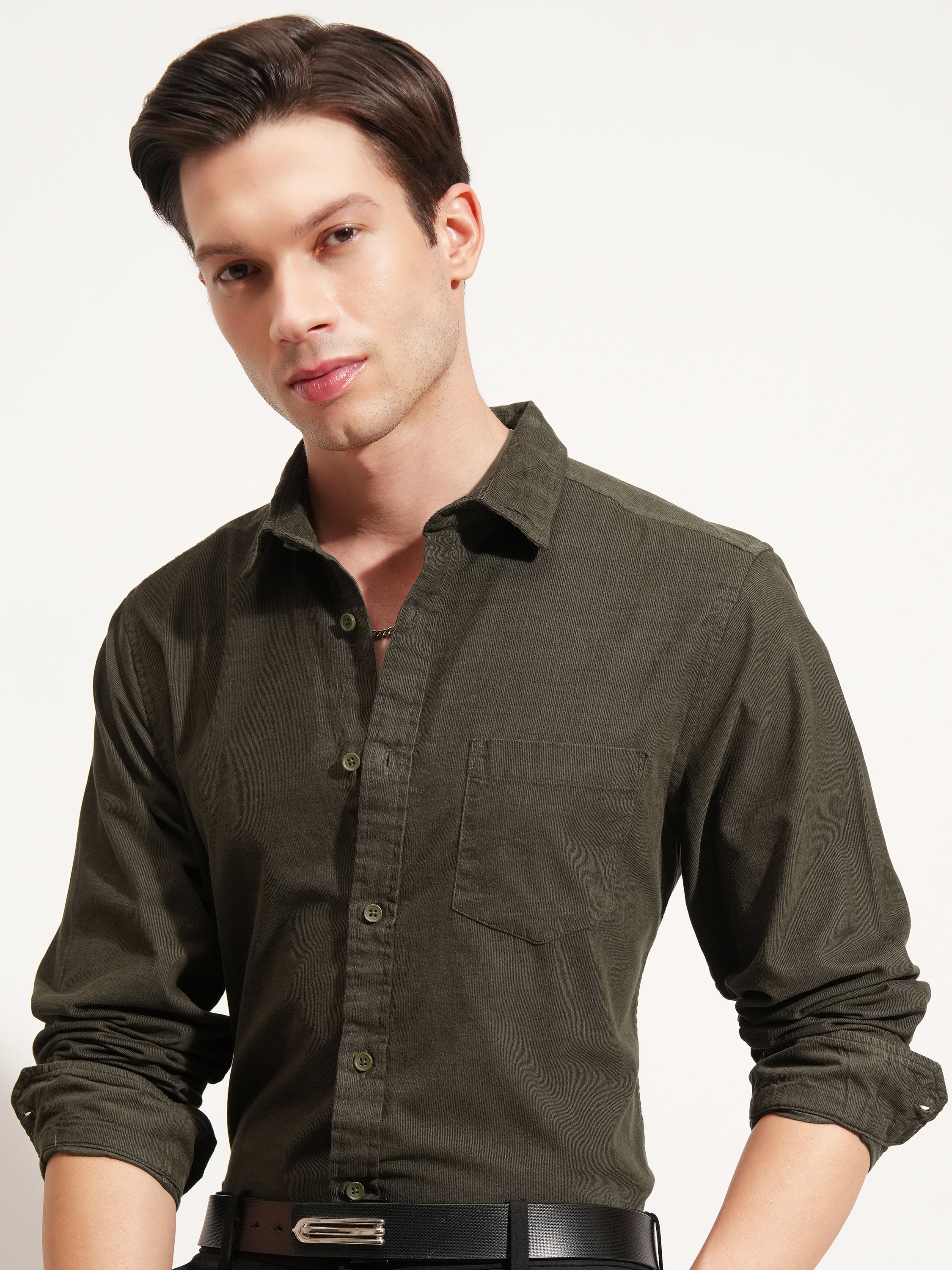 Highlander Men Olive Self Design Regular Fit Casual Shirt - Olive - Image 1