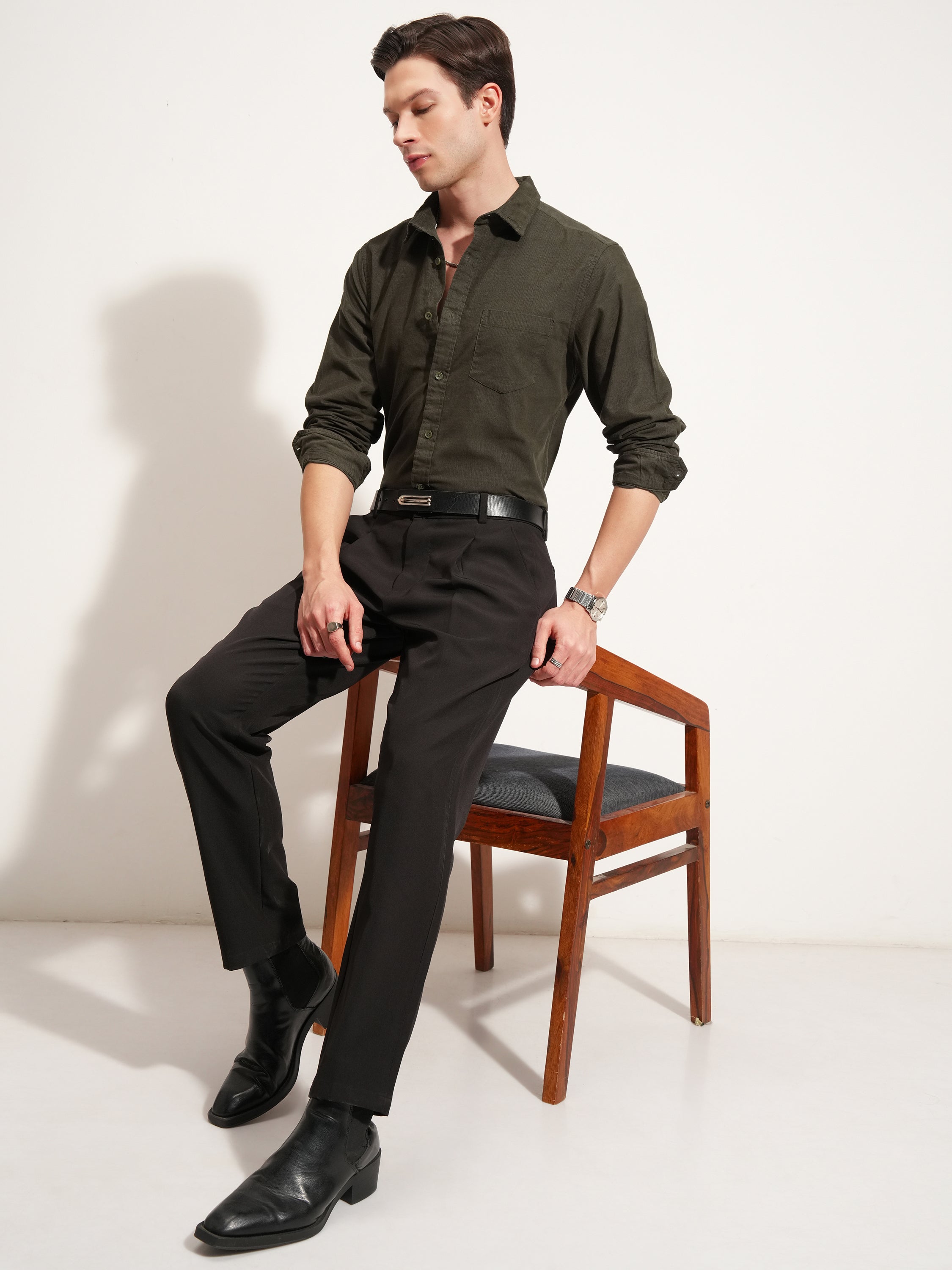 Highlander Men Olive Self Design Regular Fit Casual Shirt - Olive - Image 2