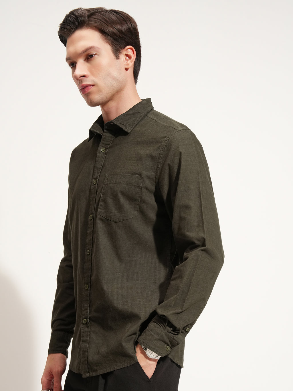 Highlander Men Olive Self Design Regular Fit Casual Shirt - Olive - Image 4