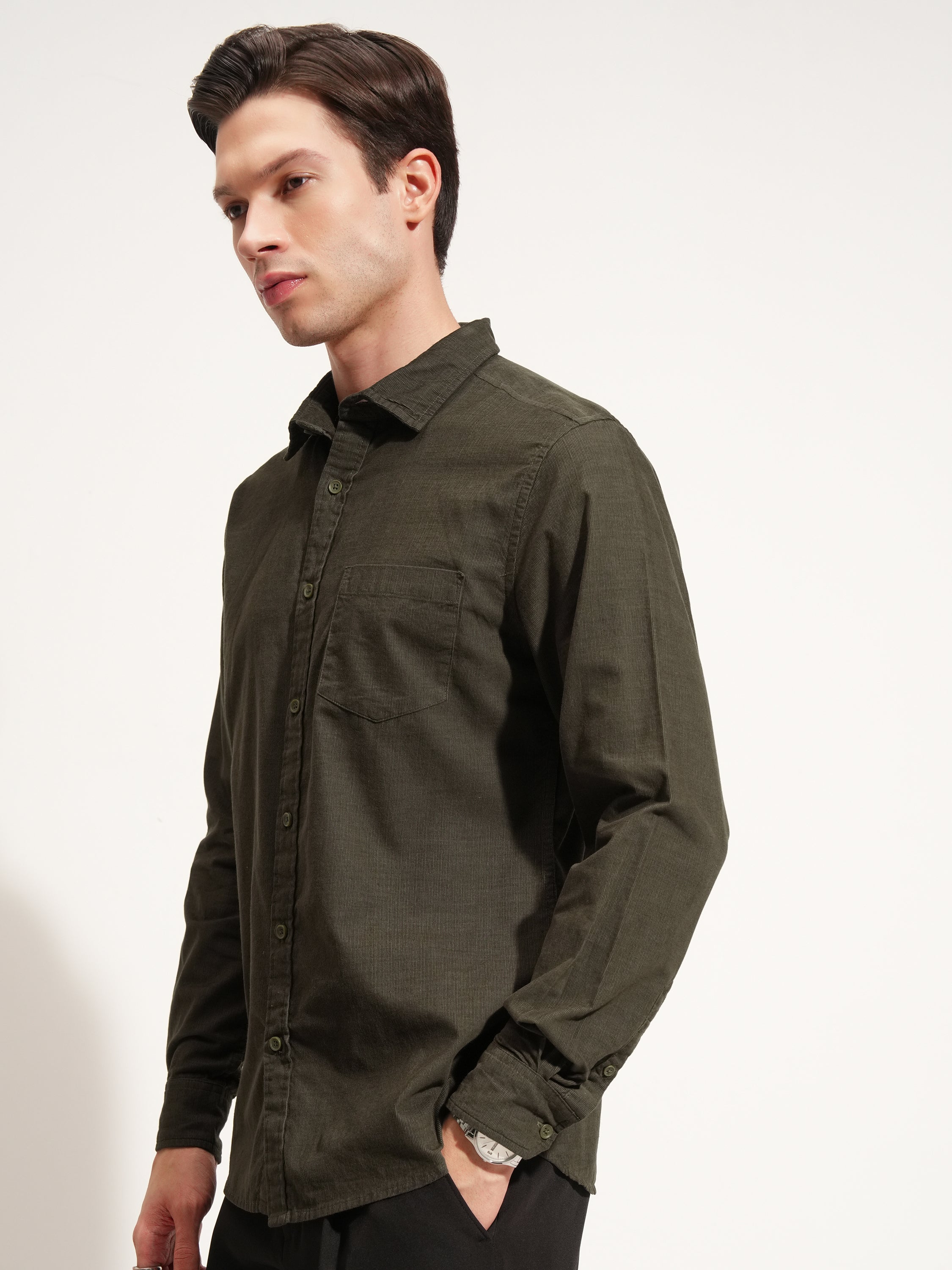 Highlander Men Olive Self Design Regular Fit Casual Shirt - Olive - Image 4