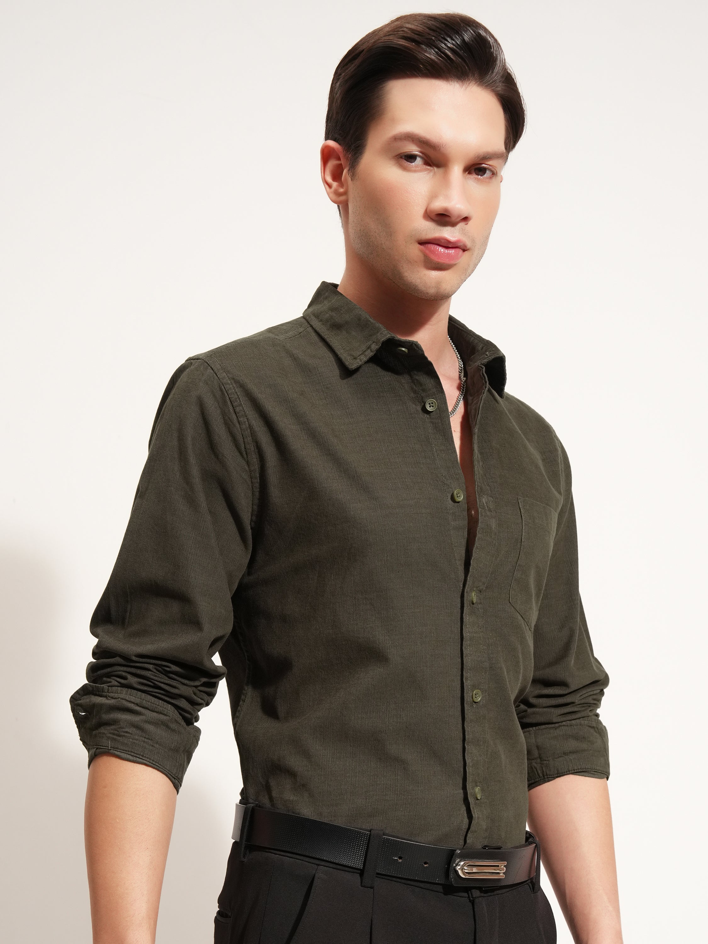 Highlander Men Olive Self Design Regular Fit Casual Shirt - Olive - Image 6