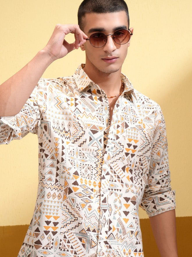 Highlander Men Cream Printed Regular Fit Casual Shirt - Cream - Image 1