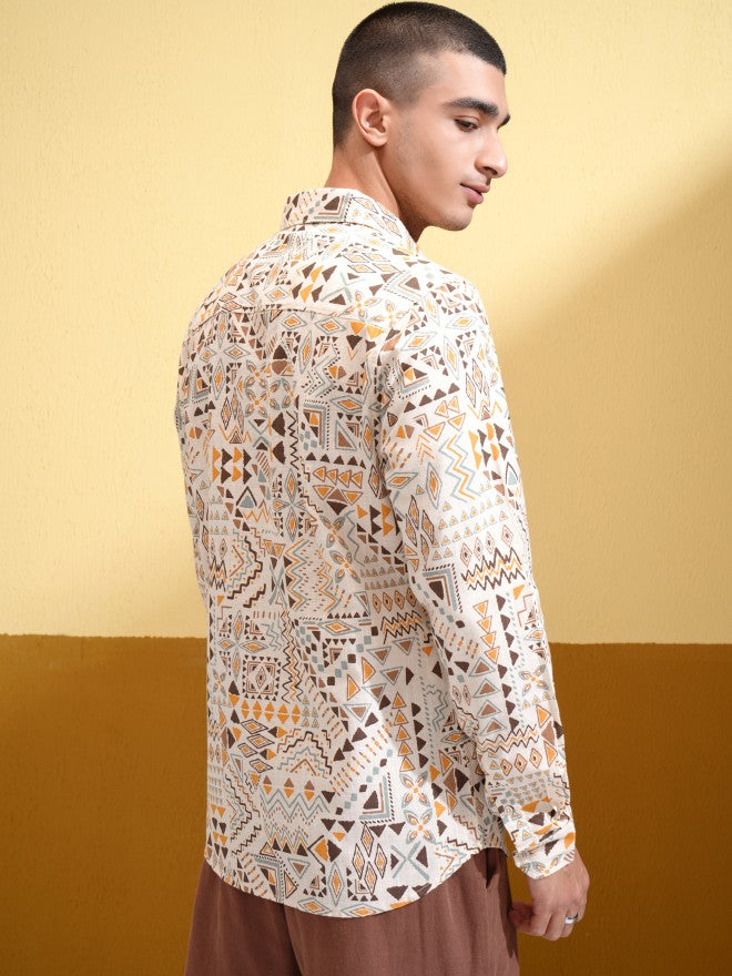 Highlander Men Cream Printed Regular Fit Casual Shirt - Cream - Image 3