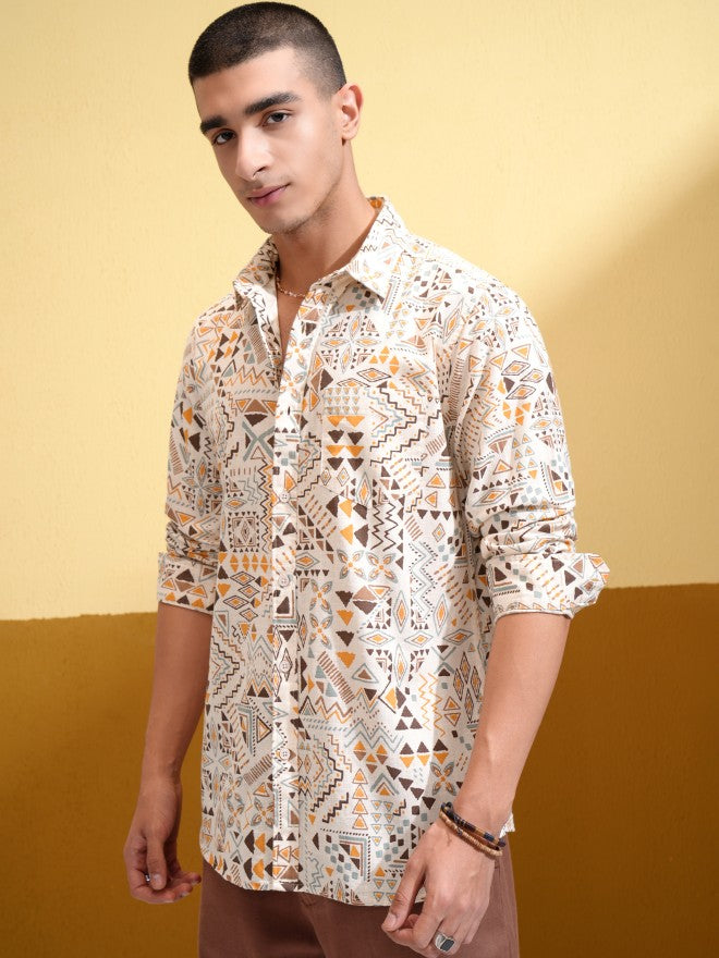 Highlander Men Cream Printed Regular Fit Casual Shirt - Cream - Image 4