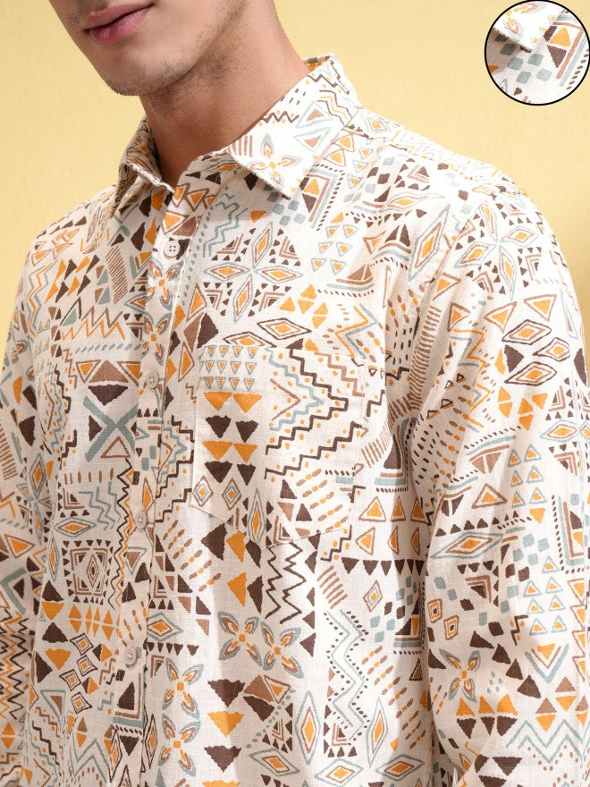 Highlander Men Cream Printed Regular Fit Casual Shirt - Cream - Image 5