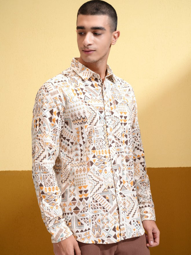 Highlander Men Cream Printed Regular Fit Casual Shirt - Cream - Image 6