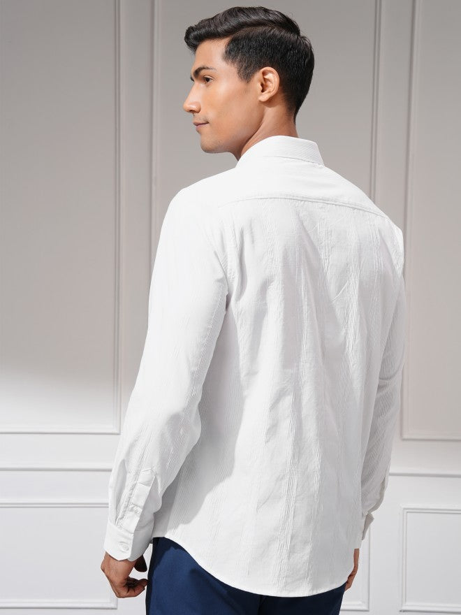 Highlander Men White Self Design Slim Fit Casual Shirt - White - Image 3