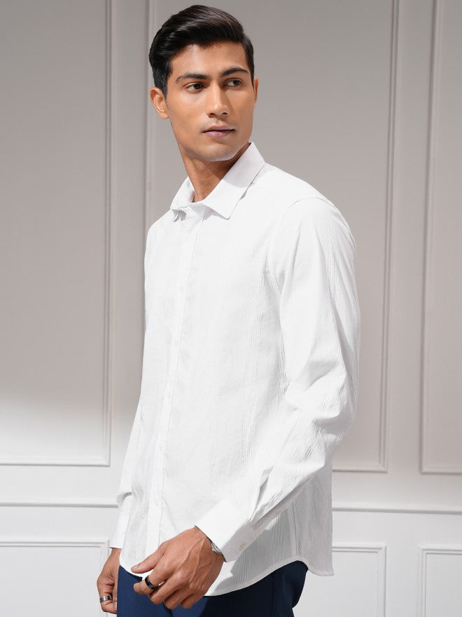 Highlander Men White Self Design Slim Fit Casual Shirt - White - Image 4