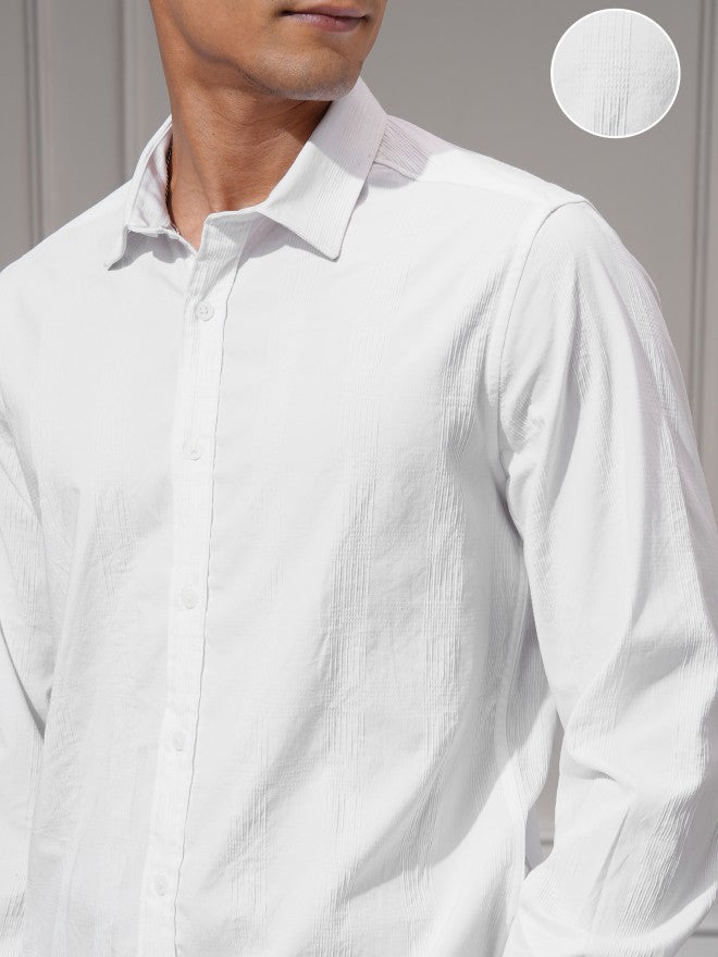 Highlander Men White Self Design Slim Fit Casual Shirt - White - Image 5