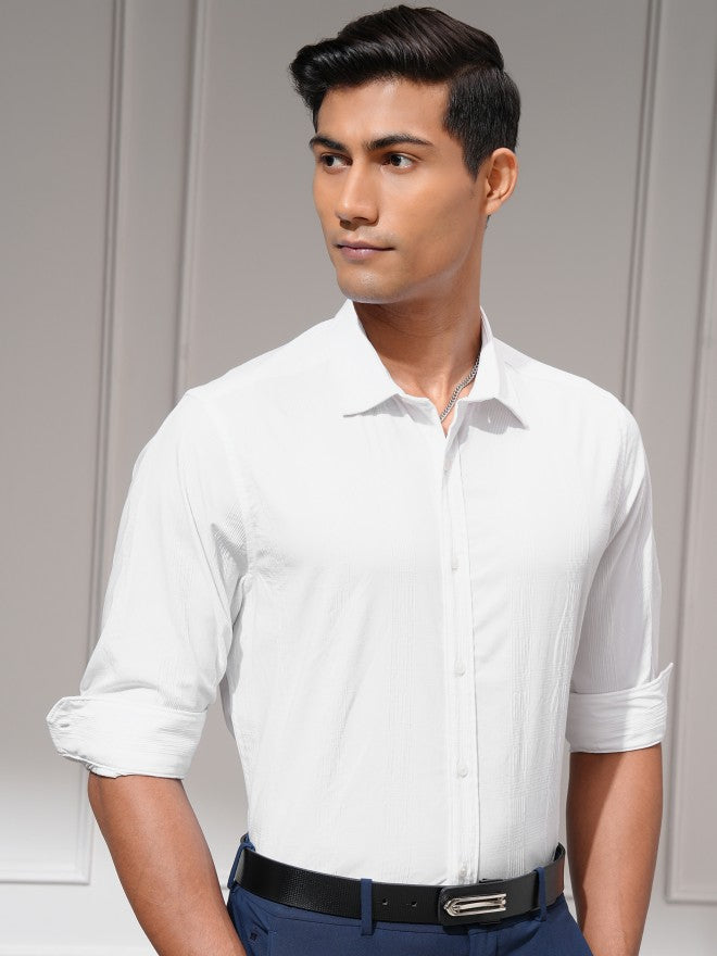 Highlander Men White Self Design Slim Fit Casual Shirt - White - Image 6