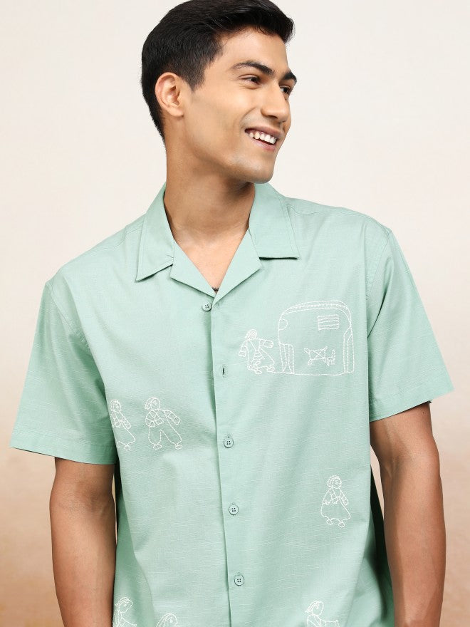 Highlander Men Sage Embroidered Relaxed Fit Casual Shirt - Sage - Image 1
