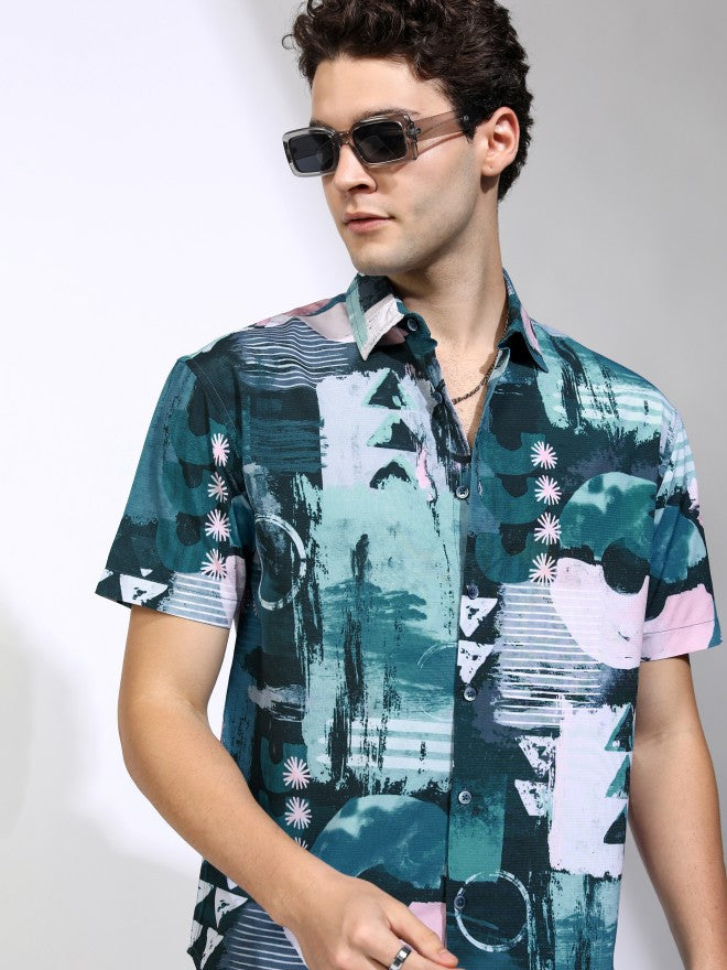Highlander Men Teal Printed Relaxed Fit Casual Shirt - Teal - Image 1