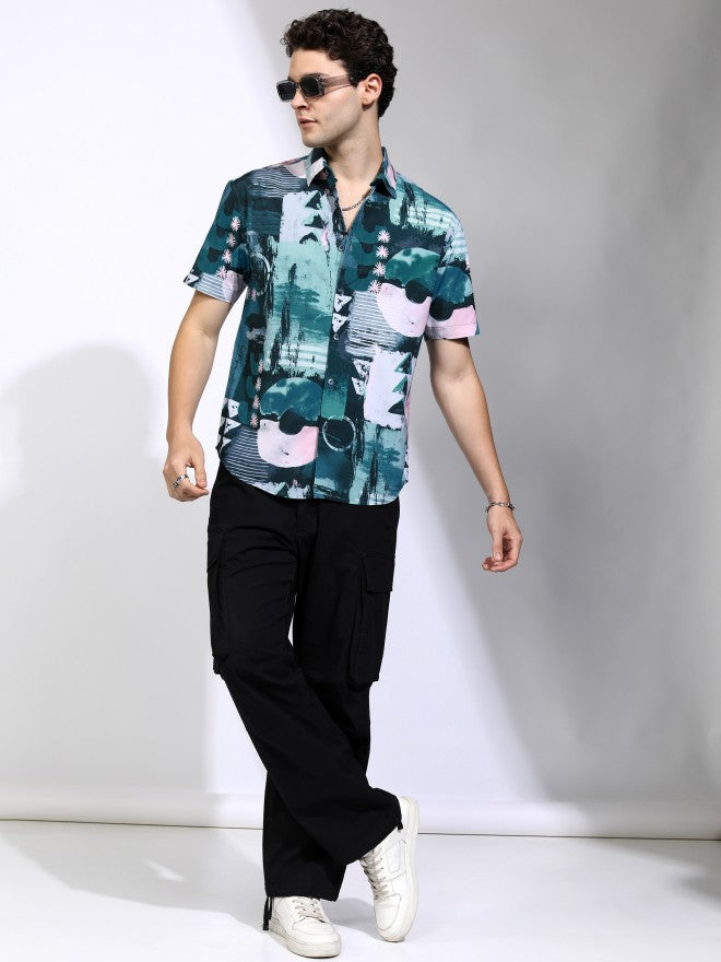 Highlander Men Teal Printed Relaxed Fit Casual Shirt - Teal - Image 2