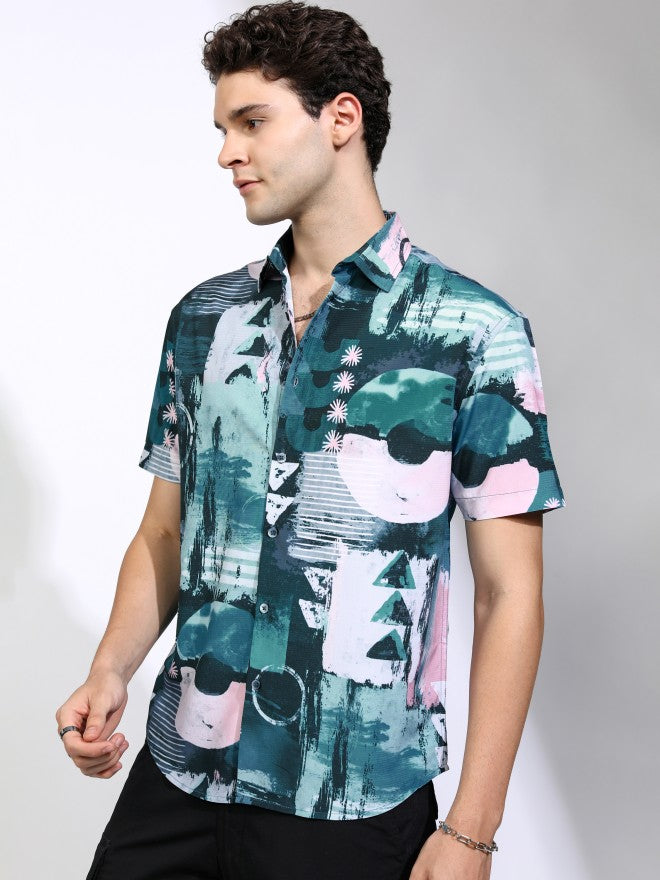 Highlander Men Teal Printed Relaxed Fit Casual Shirt - Teal - Image 4